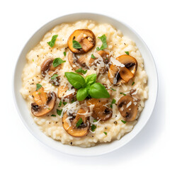 Mushroom Risotto: Creamy risotto with assorted mushrooms, Parmesan cheese, and fresh herbs. White...