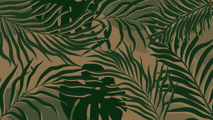 Palm leaf pattern overlaid with green monstera on a brown background. Used for decoration, advertising design, websites or publications, banners, posters and brochures.