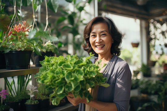 Mature Asian Woman Holding a Plant