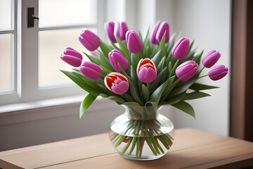 A bouquet of mixed tulips in a vase