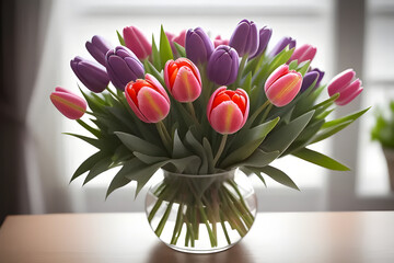 A bouquet of mixed tulips in a vase