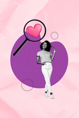 Vertical artwork photo collage of young pretty girl search love guy boyfriend on dating service website meet soulmate on pink background