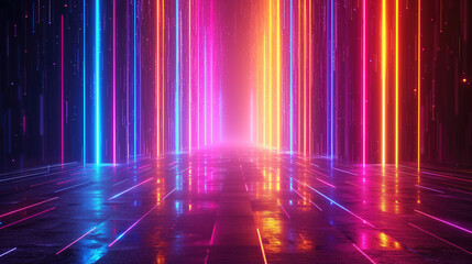 Abstract background with ascending colorful neon lines, glowing trails.