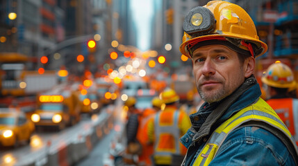 A construction worker or foreman at a bustling construction site, wearing safety gear, overseeing the progress with focused determination, digital photography, - obrazy, fototapety, plakaty