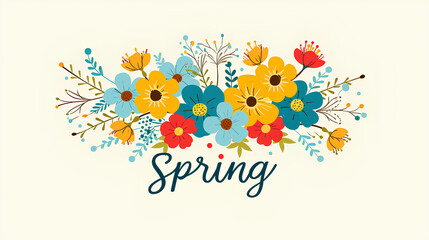 Hello spring. A delicate illustration with flowers, leaves and text. - obrazy, fototapety, plakaty