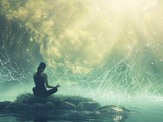 Silhouette of a man in a meditative pose surrounded by a serene natural landscape, with images of neural connections emerging seamlessly from the environment. Copy space.