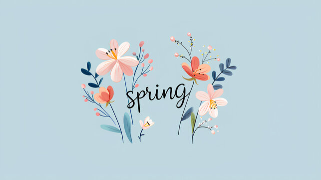 Hello spring. A delicate illustration with flowers, leaves and text.