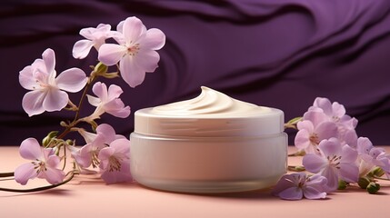 Fototapeta na wymiar Jar of natural face cream with lilac flowers on pink background