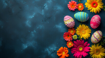 Fototapeta na wymiar Cute frame of twigs and flowers with Easter colorful eggs on a spring background, top view.