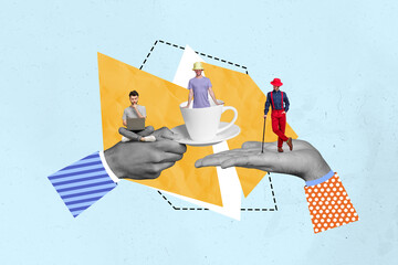 Vertical funny photo collage of two hands hold cup and three guys work online pause coffee break meeting miniature on creative background