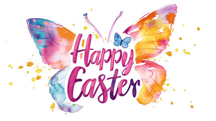 Happy Easter. Festive illustration with watercolor, abstract, floral butterfly and text. - obrazy, fototapety, plakaty