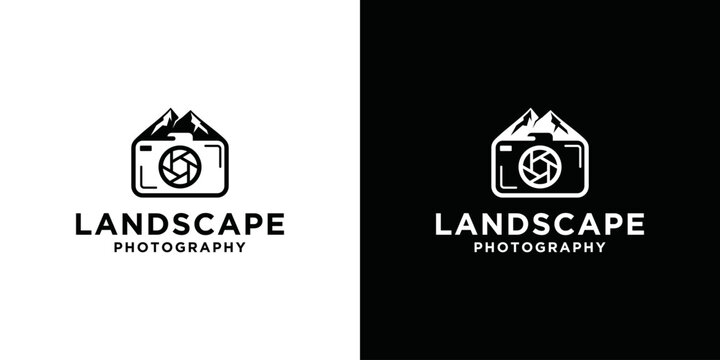 Landscape photography logo design inspiration. combination of camera with mountain in landscape photography logo