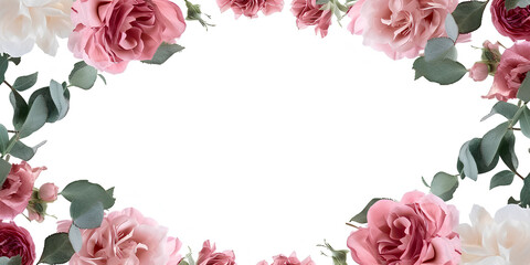 Obraz premium Floral spring frame of roses and leaves with a place for text, illustration.