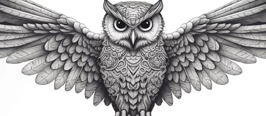 Fototapeten Hand Drawn Engraving Pen and Ink Owl Flying Vintage © dheograft