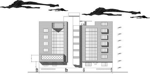 Vector sketch illustration design engineering drawing of modern five star hotel 