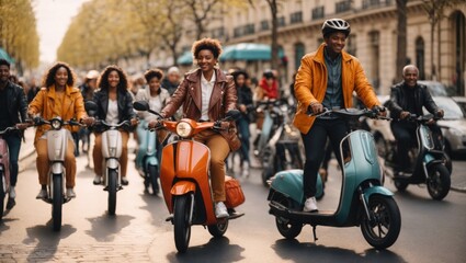 Group of people on scooter in the city - obrazy, fototapety, plakaty