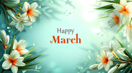 Congratulations, a postcard from March 8th on a bright spring floral background.