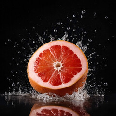 Grapefruit on a black background in splashes of water.