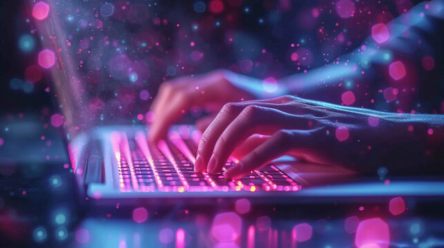 Intense focus, a person working on a laptop computer, hands on keyboard, thoughtful expression, capturing the dedication and concentration of modern work, digital photography