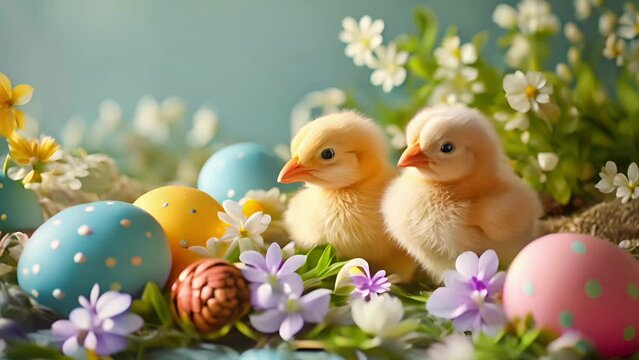 Two cute little yellow chicks sitting among pastel color painted eggs and blooming flowers and blue background. Happy Easter concept