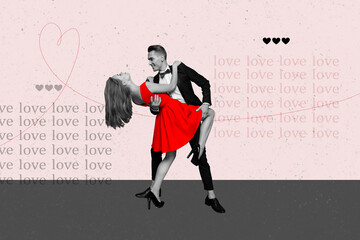 Horizontal photo collage couple lovers forever together enjoy dancing elegant suit red dress...