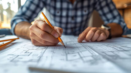 Architect checks blueprints for home improvement project
