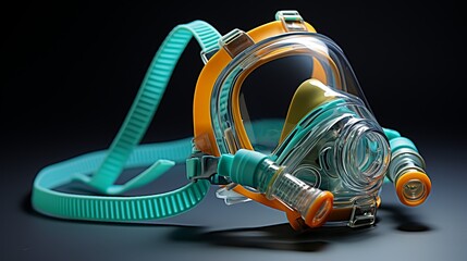 medical aerosol. bronchitis nebulizer mask. Compressor Inhaler with long air tube . Steam bronchit, astma inhalation. - obrazy, fototapety, plakaty