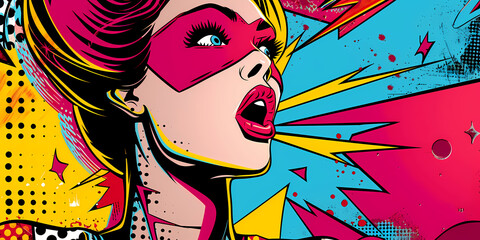 Abstract halftone comics woman background - Modern design shapes in pop colors banner