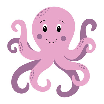 Cute purple octopus on white background. Vector isolated illustration.