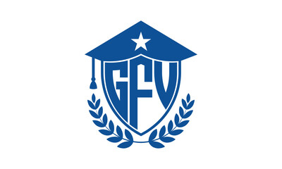 GFV three letter iconic academic logo design vector template. monogram, abstract, school, college, university, graduation cap symbol logo, shield, model, institute, educational, coaching canter, tech