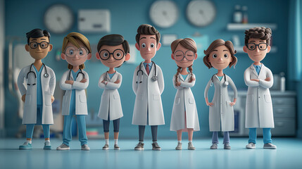 Cartoon doctors, international team of healthcare professionals isolated on blue background. Medical colleagues' hospital staff. - obrazy, fototapety, plakaty