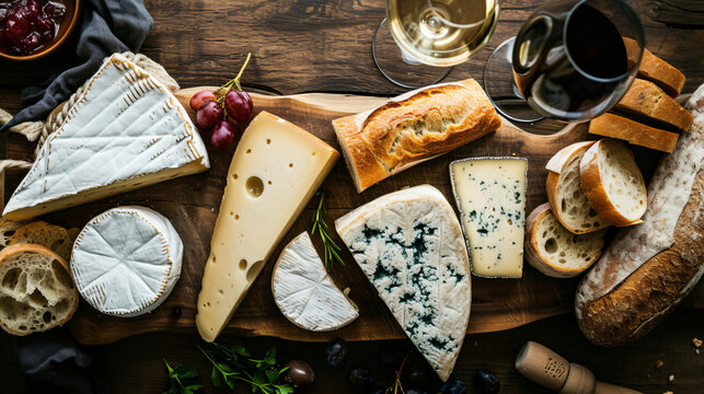 A flat lay of artisanal bread and cheeses paired with wine on a rustic wooden board.