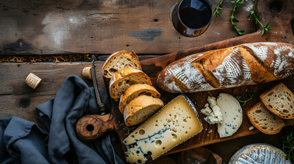 Obraz na płótnie Canvas A flat lay of artisanal bread and cheeses paired with wine on a rustic wooden board.
