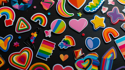 LGBTQ-Themed Stickers Collection, Colorful Rainbow and Heart Decals, Pride Accessories Flat Lay