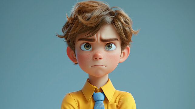 Cartoon Cute Young Man Isolated On White Background. Serious Guy Thinking Pose. Male Wears Yellow Shirt And Blue Tie. Problem And Doubt Concept.