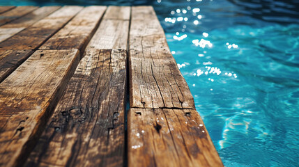 Wooden pier in the swimming pool with blue water at sunset.