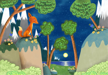 Süßer Fuchs auf einer Lichtung im Mondschein