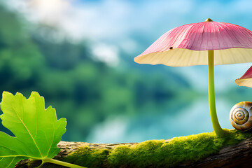 Under the Umbrella on a Lake Beach With a Snail Couple, a Branch of a Tree With Green Leaves on the Lake Water, Front View, High-quality Landscape 
 Photograph With a Mountain Background - Powered by Adobe