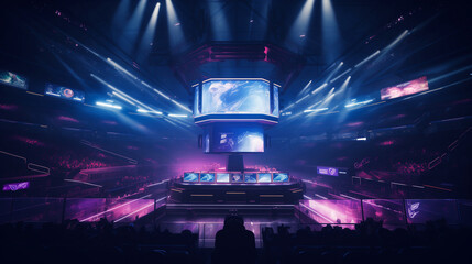 A modern venue with screens and neon lighting for international esports competitions. Youth sport of the future.