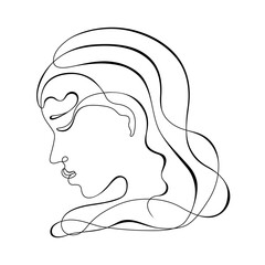 A linear drawing of a beautiful girl's face with hair on a white background. Vector illustration