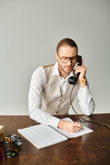 handsome bearded man with glasses talking by retro phone and taking notes at table in office