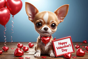 Adorable chihuahua puppy with sign text Happy Valentine's Day and heart shape balloons in a 3D cartoon illustration.