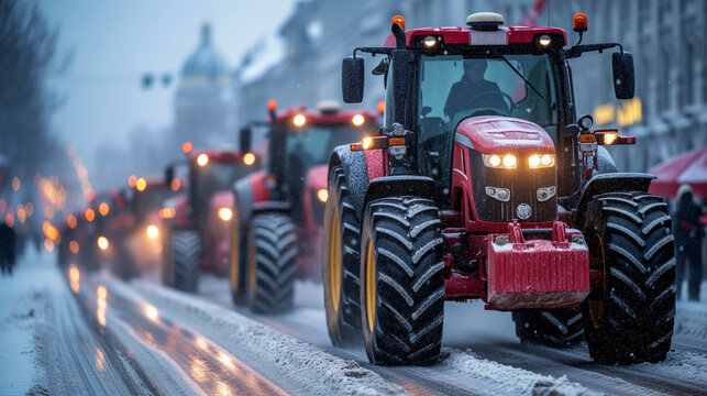 Tractors vehicles blocks city road traffic. Farmers' strike in Europe. Tractors have paralyzed the city. Farmers' tractors in the center of European capitals. Generative Ai