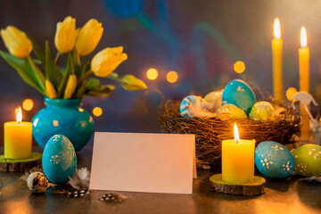 Easter Greetings: A Festive Scene with a Blank Card for Your Message