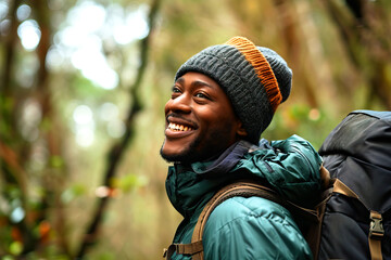 Portrait, smile and black man hiking in the forest for travel, freedom or adventure