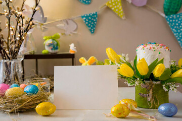 Easter Greetings,  Blank Card Amidst Spring Blooms and Decor