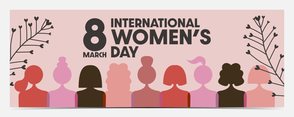 International Women's Day, March 8 banner, cover, poster, greeting card, label, flyer with group of women in natural color palette