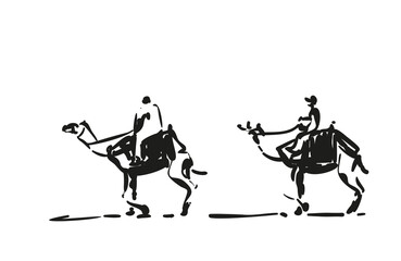 Two walking camels with riders, quick sloppy hand sketch in black ink style vector illustration, camel caravan sketch