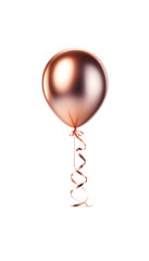 A shiny metallic copper balloon with a smooth reflective surface, floating upright, with an extremely long, straight, thin ribbon
