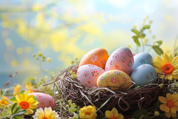 Fototapeta na wymiar Decorated Easter eggs nestled among flowers with a soft-focus spring background.